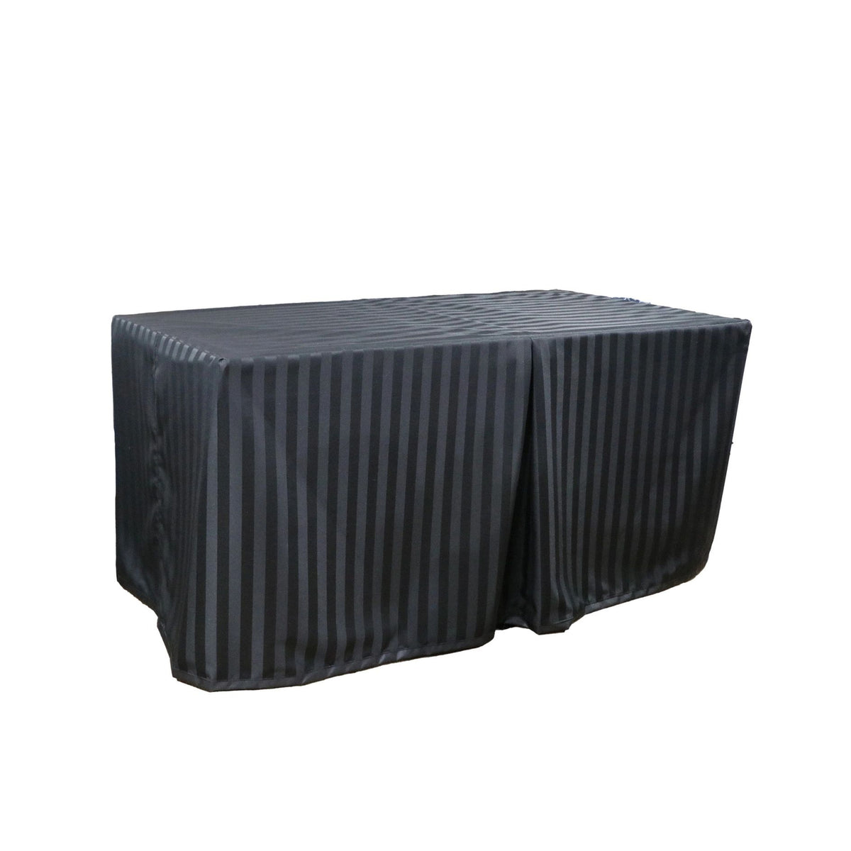 Portable memorial display table in Williston Black, with a fitted fabric cover and skirt concealing the table frame.