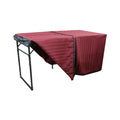 Portable memorial display table in Williston Burgundy, with one side of the fabric cover lifted to show the folding frame.