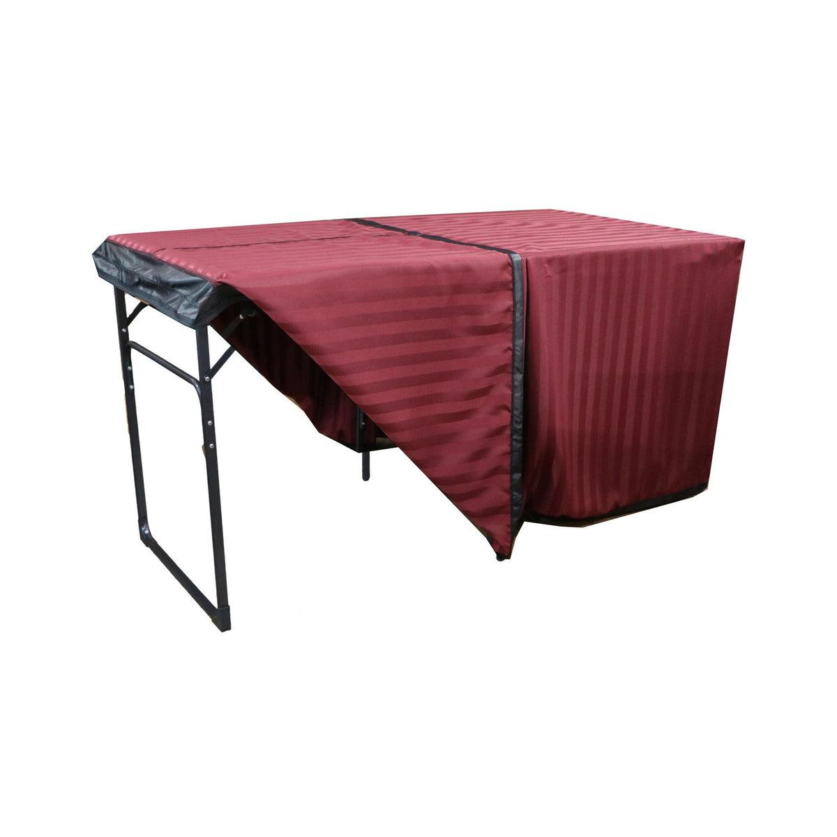 Portable memorial display table in Williston Burgundy, with one side of the fabric cover lifted to show the folding frame.