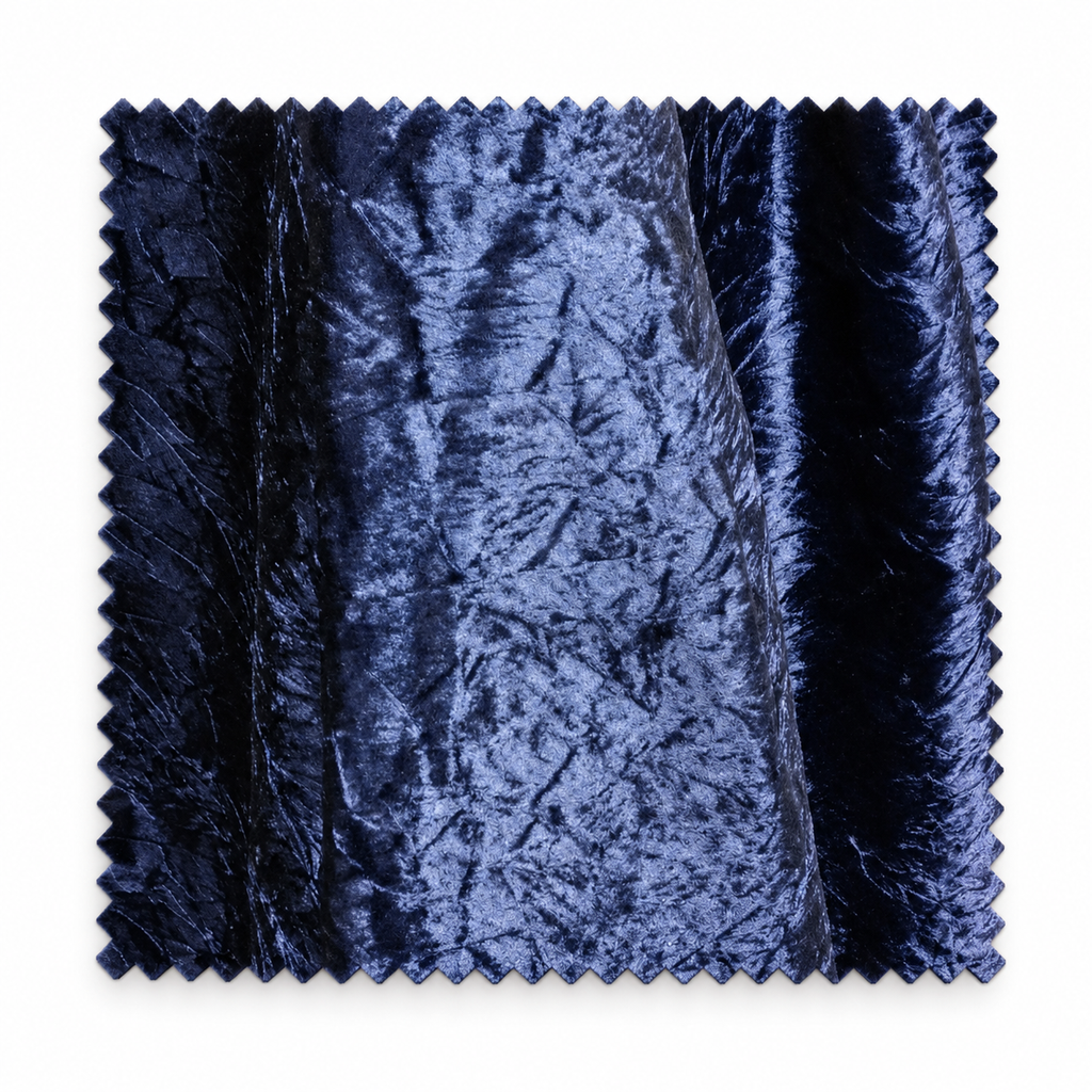 TITAN blue crushed velvet church truck drape fabric swatch on pure white background
