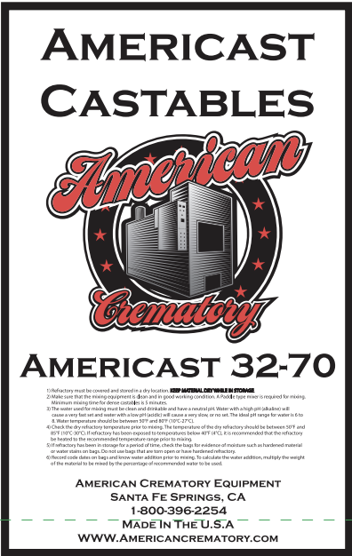 Castable refractory mix 32-70 for crematory retort floor and wall repair