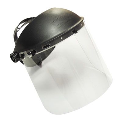 Clear polycarbonate crematory face shield with adjustable headgear