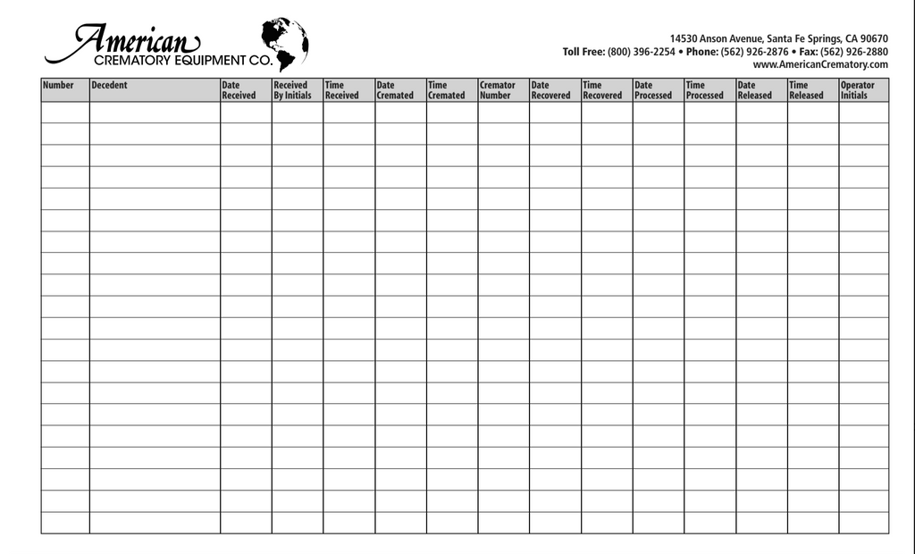 Crematory operator log book cremation record pages