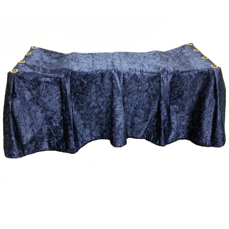 Blue crushed velvet church truck drape installed side view