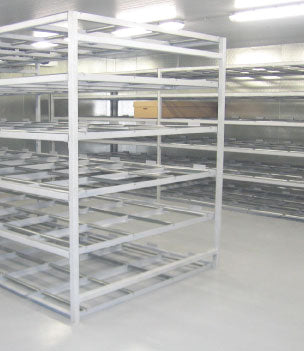 Custom body storage rack system installed in a walk-in mortuary cooler