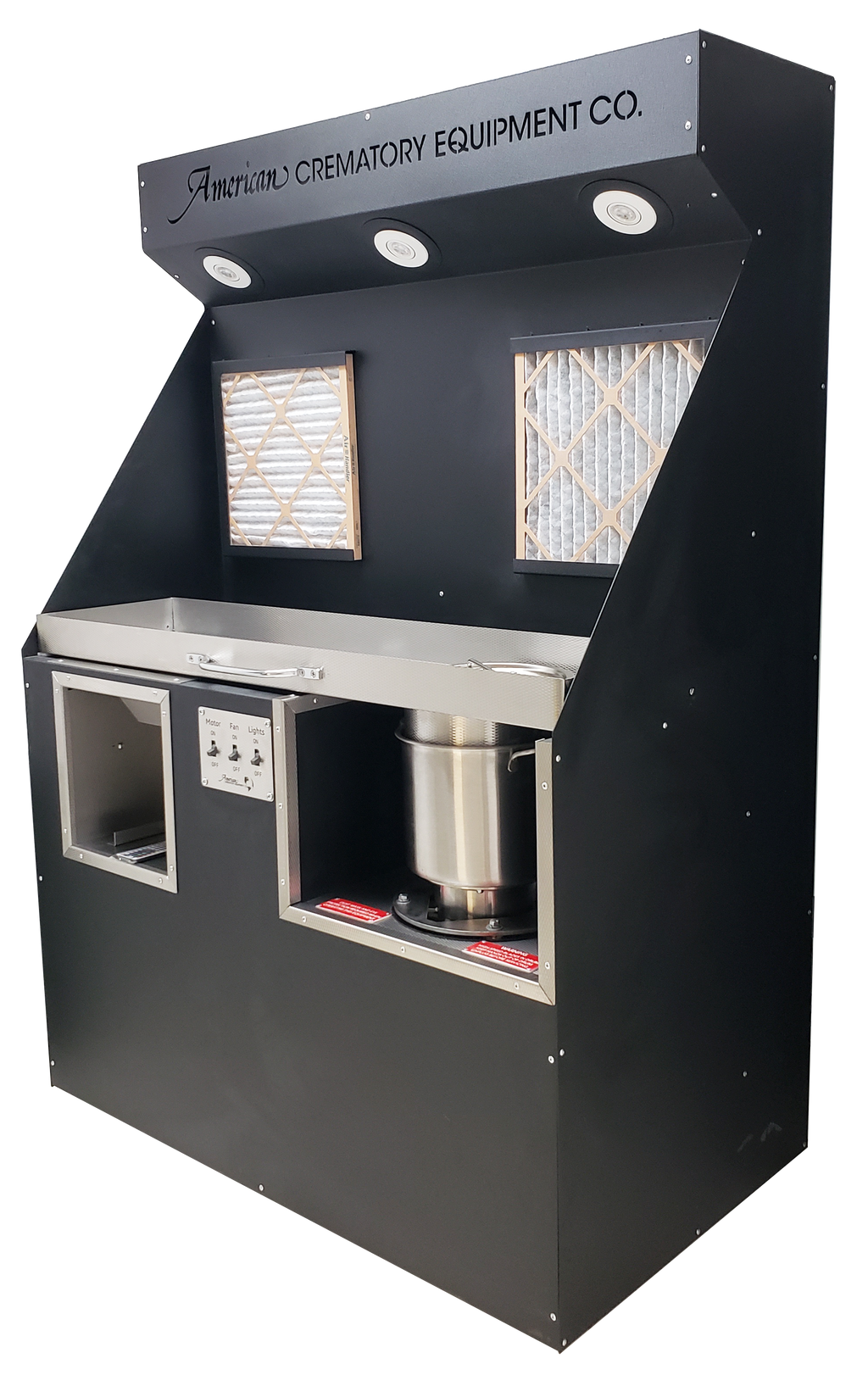 Deluxe cremains processing station with personalized light bar in black powder coat