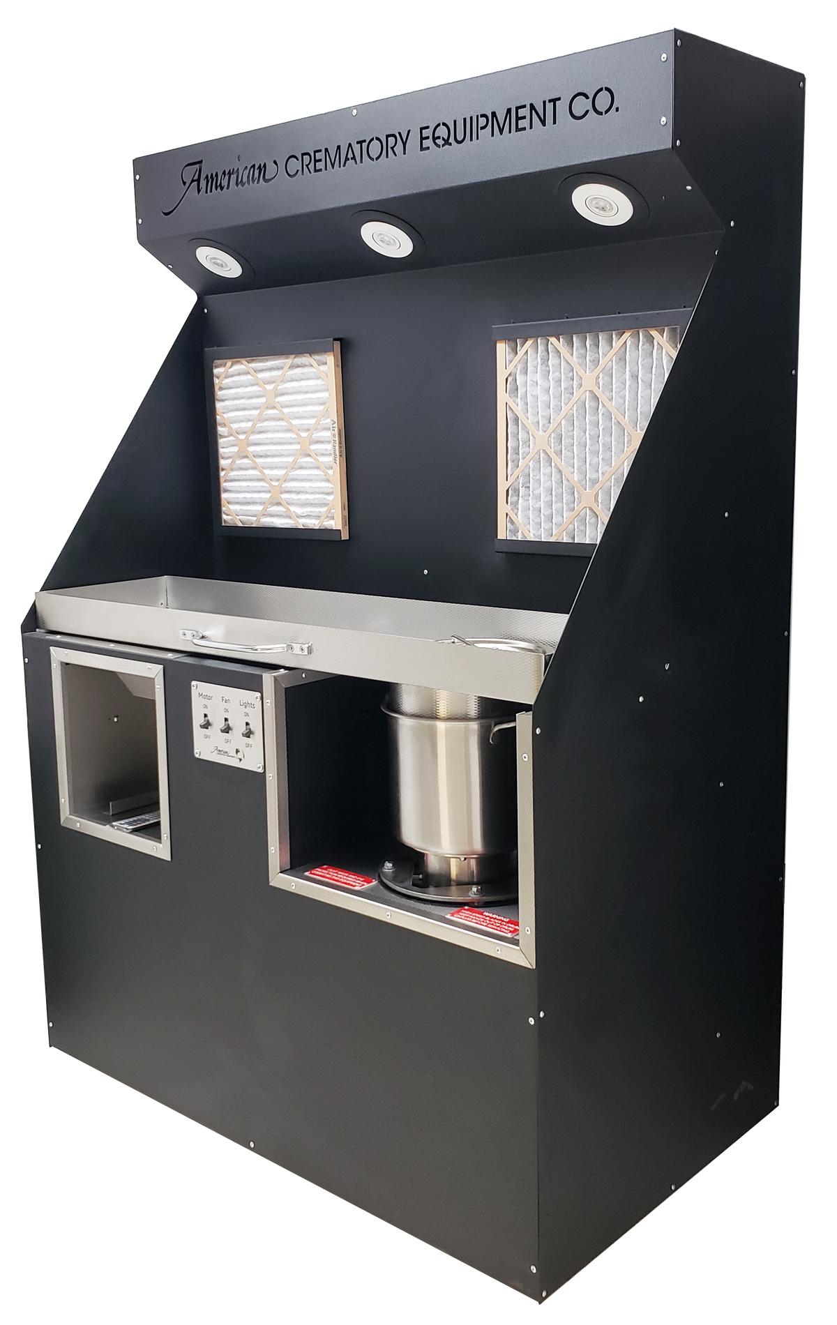 Deluxe cremains processing station with personalized light bar in black powder coat