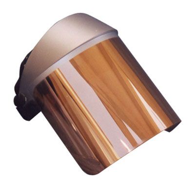 Gold heat reflective face shield blocking infrared and ultraviolet radiant heat