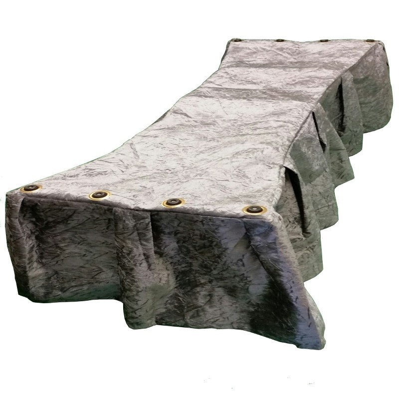 Gray crushed velvet church truck drape installed front view