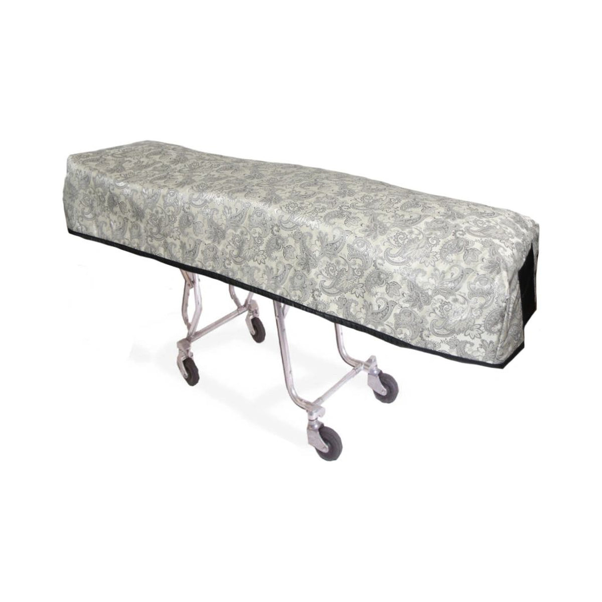 Mortuary cot cover in Cresswell Porcelain, fitted over a wheeled cot with fabric extending down the sides and around the end.