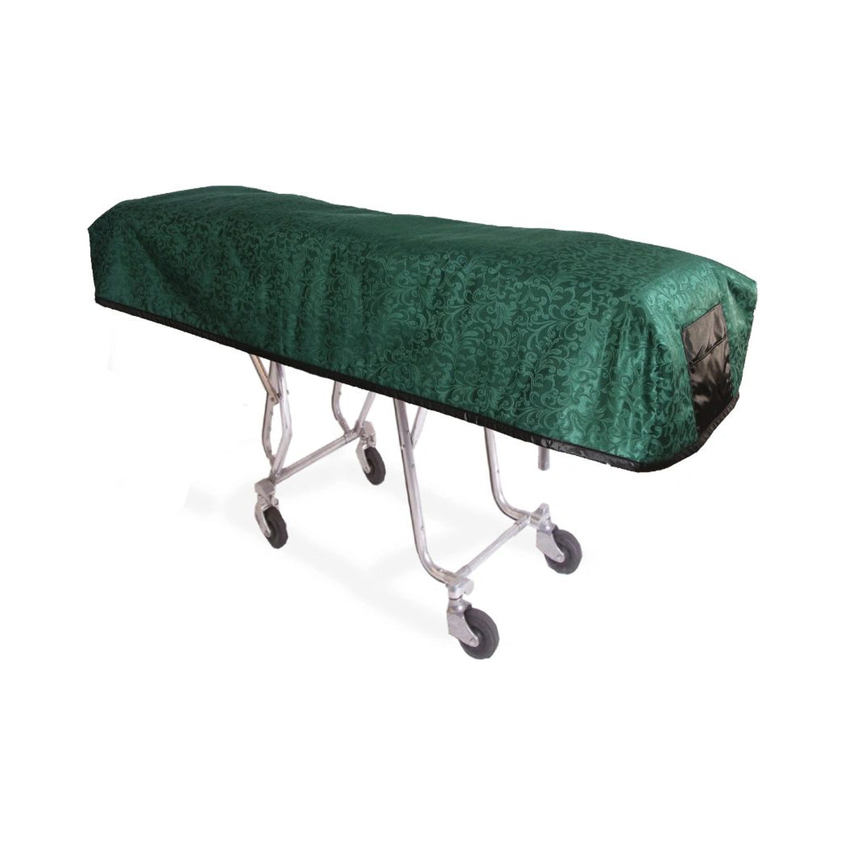 Mortuary cot cover in Stokely Hunter, fitted over a wheeled cot with fabric extending down the sides and around the end.