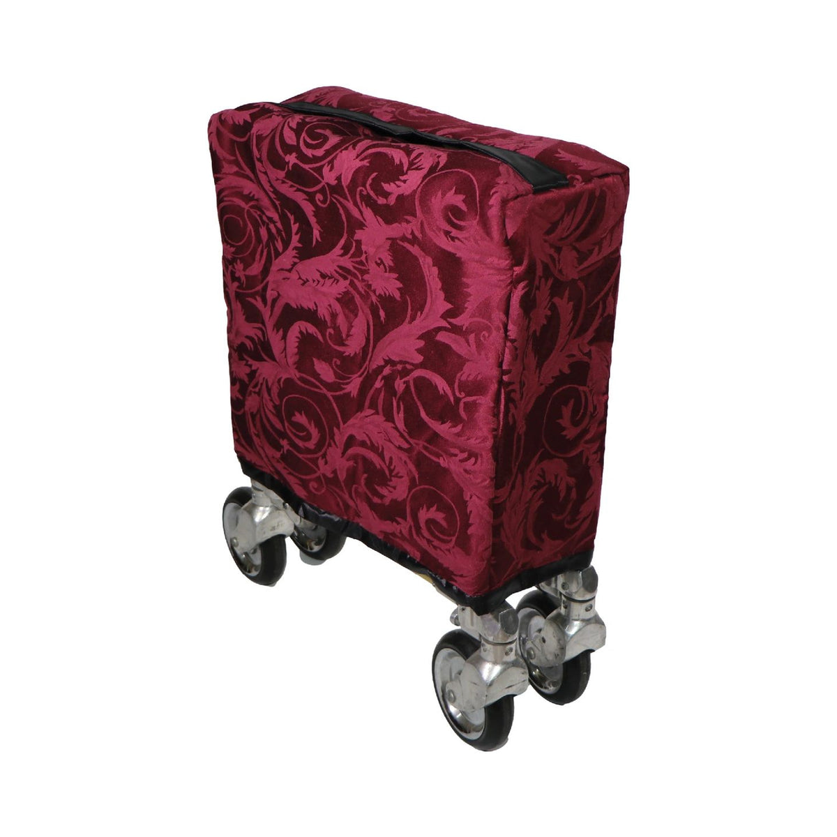 Padded church truck storage cover in Bristol Burgundy, wrapped around a folded church truck with its wheels visible below.