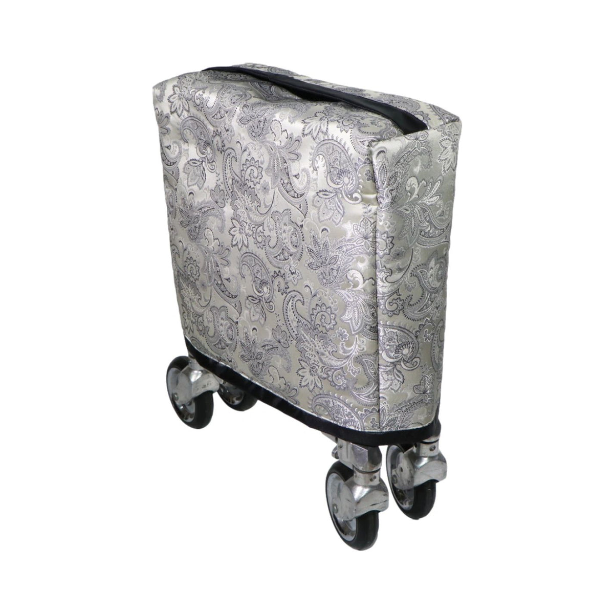 Padded church truck storage cover in Cresswell Porcelain, wrapped around a folded church truck with its wheels visible below.