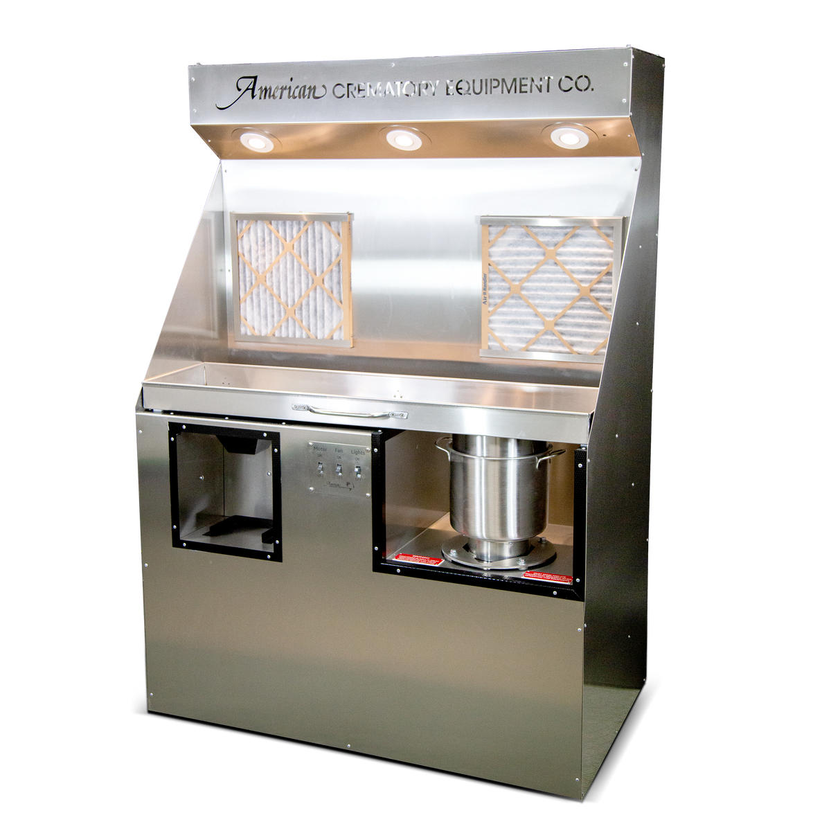 Stainless steel deluxe cremated remains processing station with LED lighting