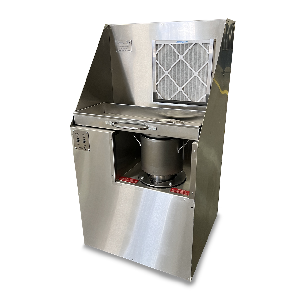 Ventless cremated remains processing station with built-in fan and filter